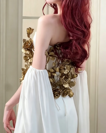 Unique Strapless White Satin Prom Dress 3D Floral A-Line Evening Dress GG6398