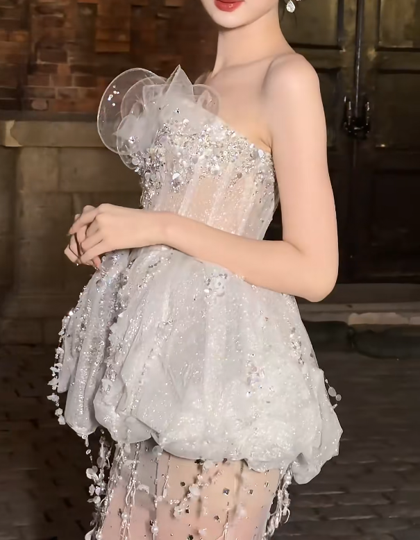 Alluring Strapless White Prom Dress Sequins Tassel Sheath Evening Dress GG6412