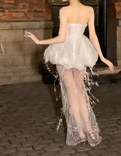 Alluring Strapless White Prom Dress Sequins Tassel Sheath Evening Dress GG6412