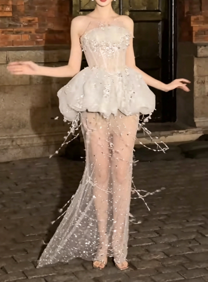 Alluring Strapless White Prom Dress Sequins Tassel Sheath Evening Dress GG6412