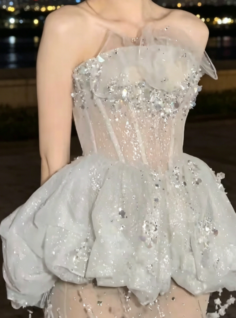 Alluring Strapless White Prom Dress Sequins Tassel Sheath Evening Dress GG6412