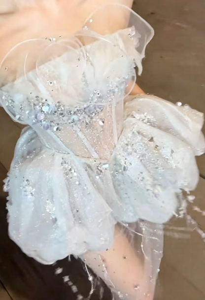 Alluring Strapless White Prom Dress Sequins Tassel Sheath Evening Dress GG6412