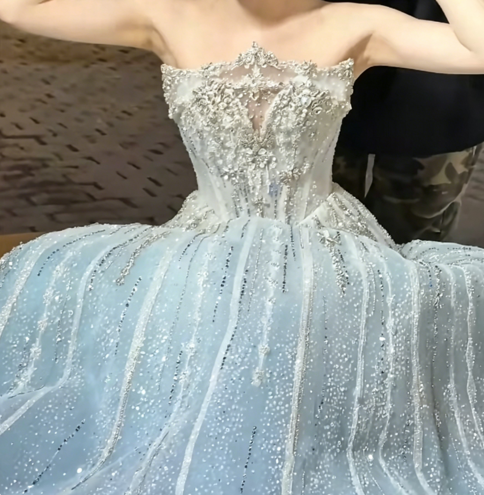 Romantic Strapless Blue Prom Dress Sequins Beaded A-Line Evening Dress GG6413