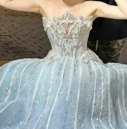Romantic Strapless Blue Prom Dress Sequins Beaded A-Line Evening Dress GG6413
