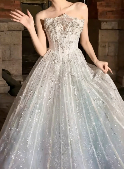 Romantic Strapless Blue Prom Dress Sequins Beaded A-Line Evening Dress GG6413
