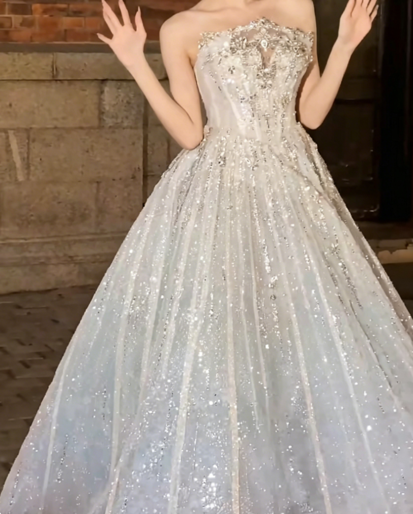 Romantic Strapless Blue Prom Dress Sequins Beaded A-Line Evening Dress GG6413