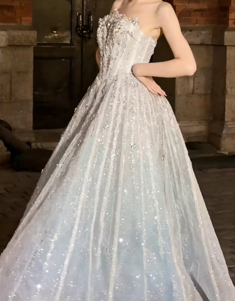 Romantic Strapless Blue Prom Dress Sequins Beaded A-Line Evening Dress GG6413