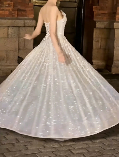 Romantic Strapless Blue Prom Dress Sequins Beaded A-Line Evening Dress GG6413