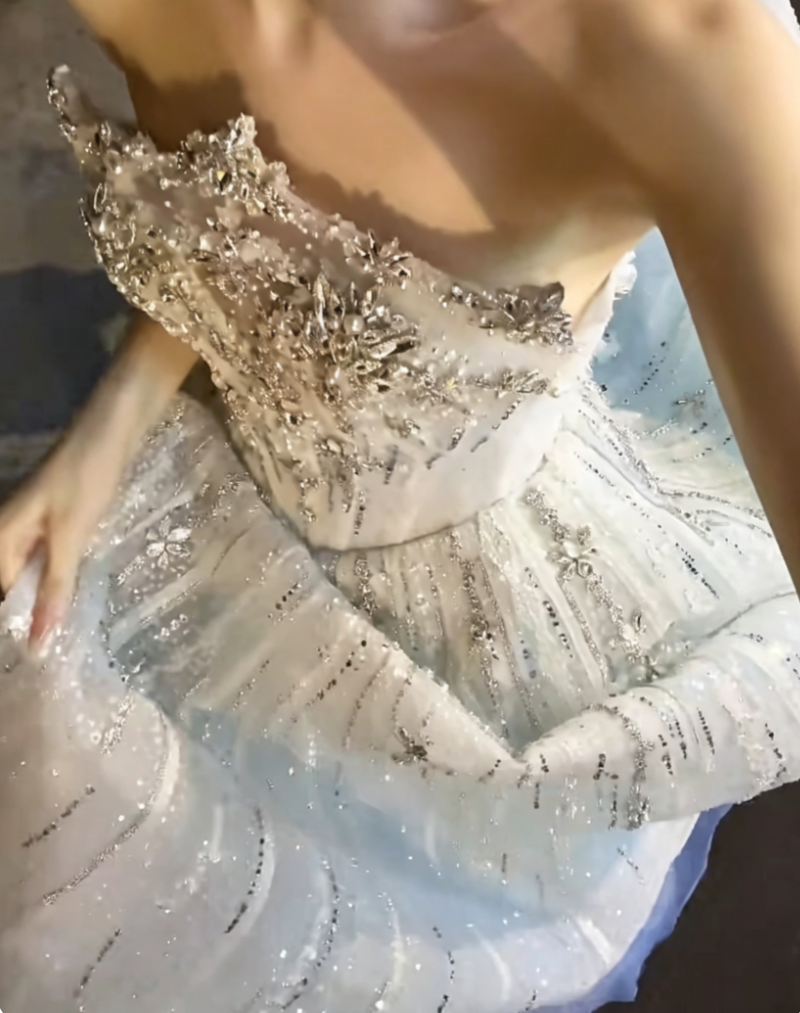 Romantic Strapless Blue Prom Dress Sequins Beaded A-Line Evening Dress GG6413