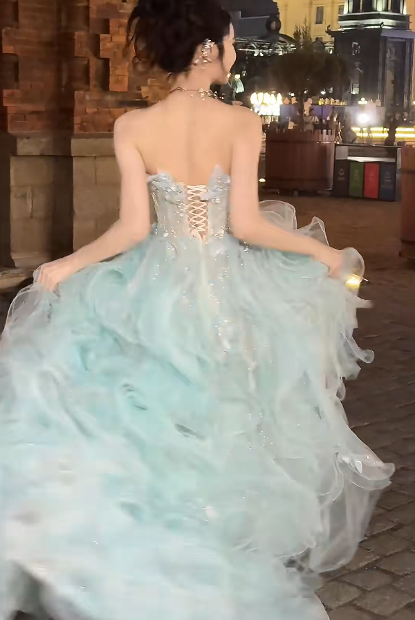 Ornate Strapless Green Prom Dress Appliques Ruffles Sequins A-Line Evening Dress GG6414