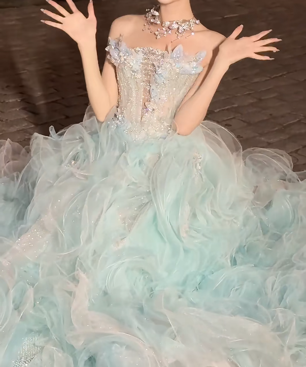 Ornate Strapless Green Prom Dress Appliques Ruffles Sequins A-Line Evening Dress GG6414