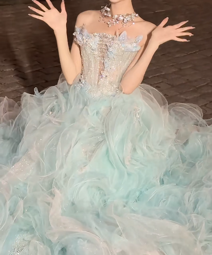 Ornate Strapless Green Prom Dress Appliques Ruffles Sequins A-Line Evening Dress GG6414