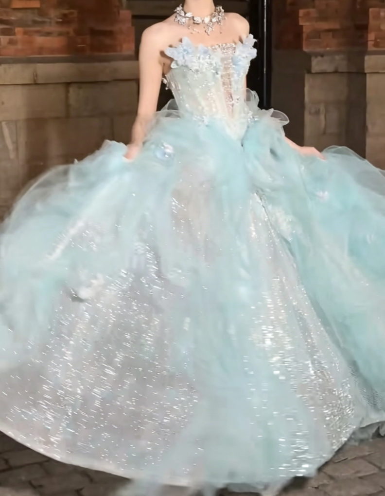 Ornate Strapless Green Prom Dress Appliques Ruffles Sequins A-Line Evening Dress GG6414