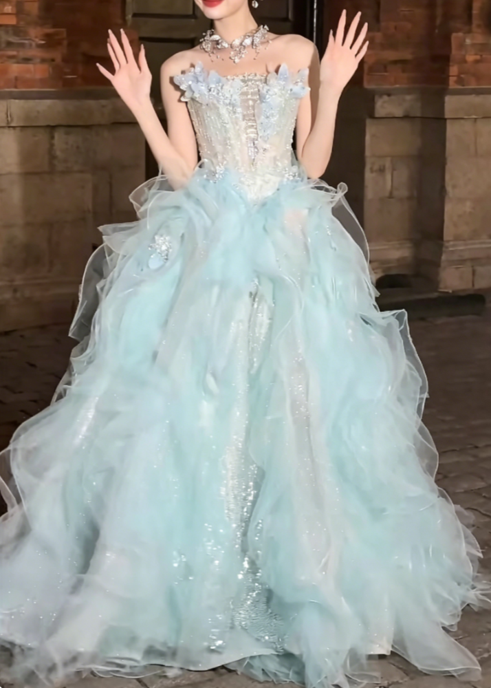 Ornate Strapless Green Prom Dress Appliques Ruffles Sequins A-Line Evening Dress GG6414
