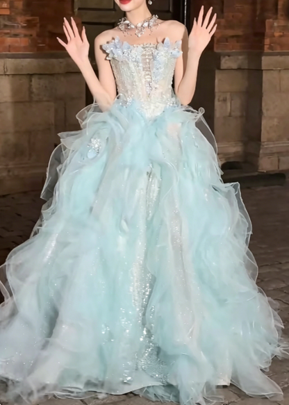 Ornate Strapless Green Prom Dress Appliques Ruffles Sequins A-Line Evening Dress GG6414
