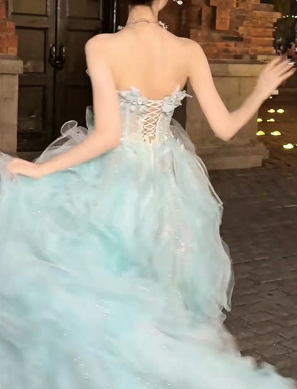 Ornate Strapless Green Prom Dress Appliques Ruffles Sequins A-Line Evening Dress GG6414