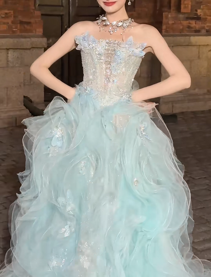 Ornate Strapless Green Prom Dress Appliques Ruffles Sequins A-Line Evening Dress GG6414