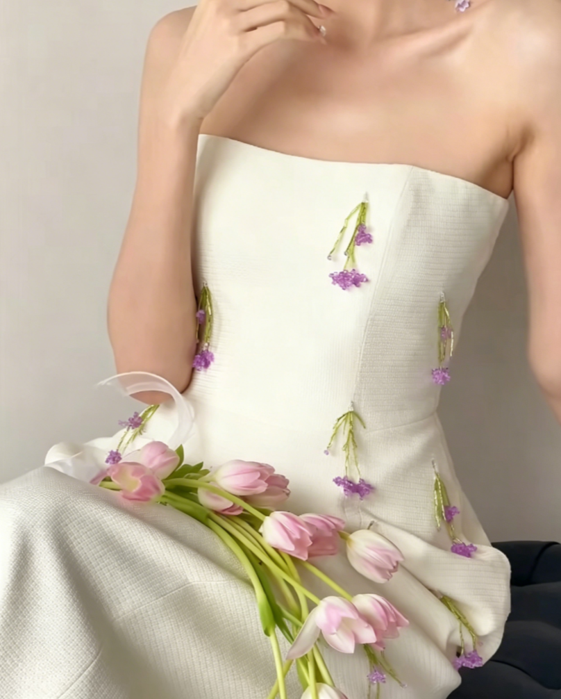 Romantic Strapless White Prom Dress Tassel Sheath Evening Dress GG6415