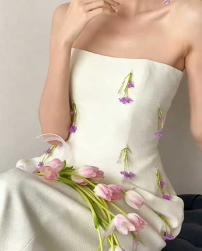 Romantic Strapless White Prom Dress Tassel Sheath Evening Dress GG6415