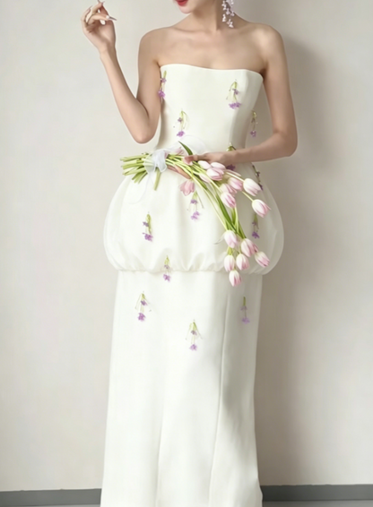 Romantic Strapless White Prom Dress Tassel Sheath Evening Dress GG6415
