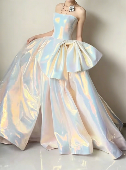 Iridescent Strapless White Prom Dress Satin Bow A-Line Evening Dress GG6421