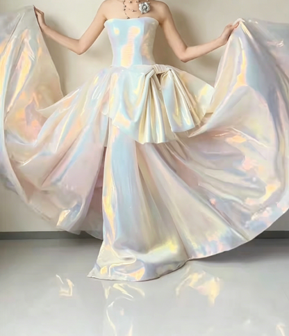 Iridescent Strapless White Prom Dress Satin Bow A-Line Evening Dress GG6421