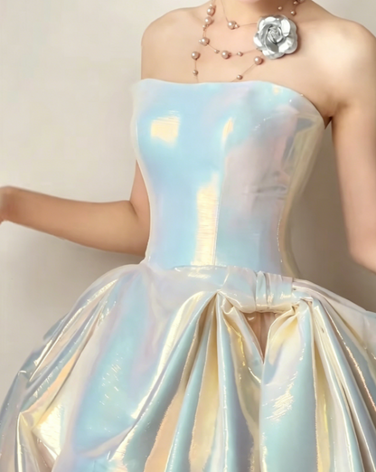 Iridescent Strapless White Prom Dress Satin Bow A-Line Evening Dress GG6421
