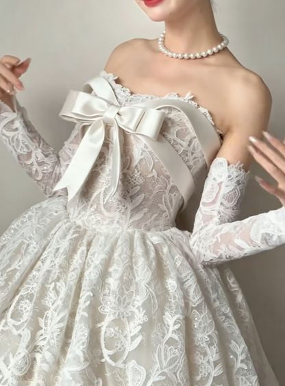 Lovely Strapless Lace Wedding Dress Sequins Bow A-Line Bridal Dress GG6423