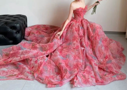 Unique Strapless Pink Prom Dress Floral Ruffles A-Line Evening Dress GG6424
