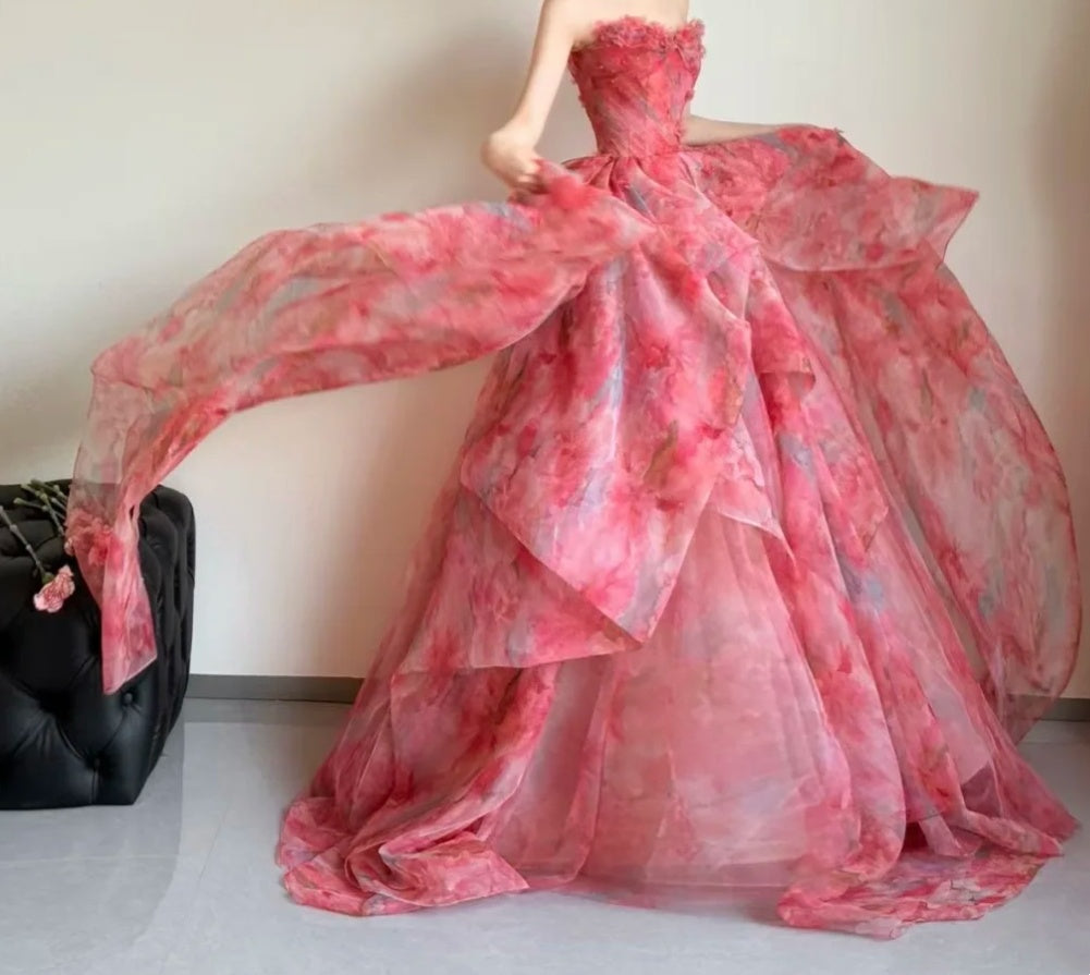 Unique Strapless Pink Prom Dress Floral Ruffles A-Line Evening Dress GG6424