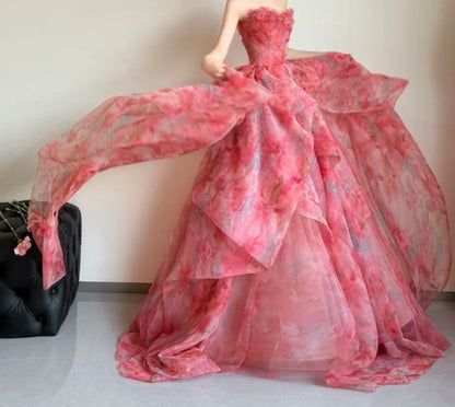 Unique Strapless Pink Prom Dress Floral Ruffles A-Line Evening Dress GG6424