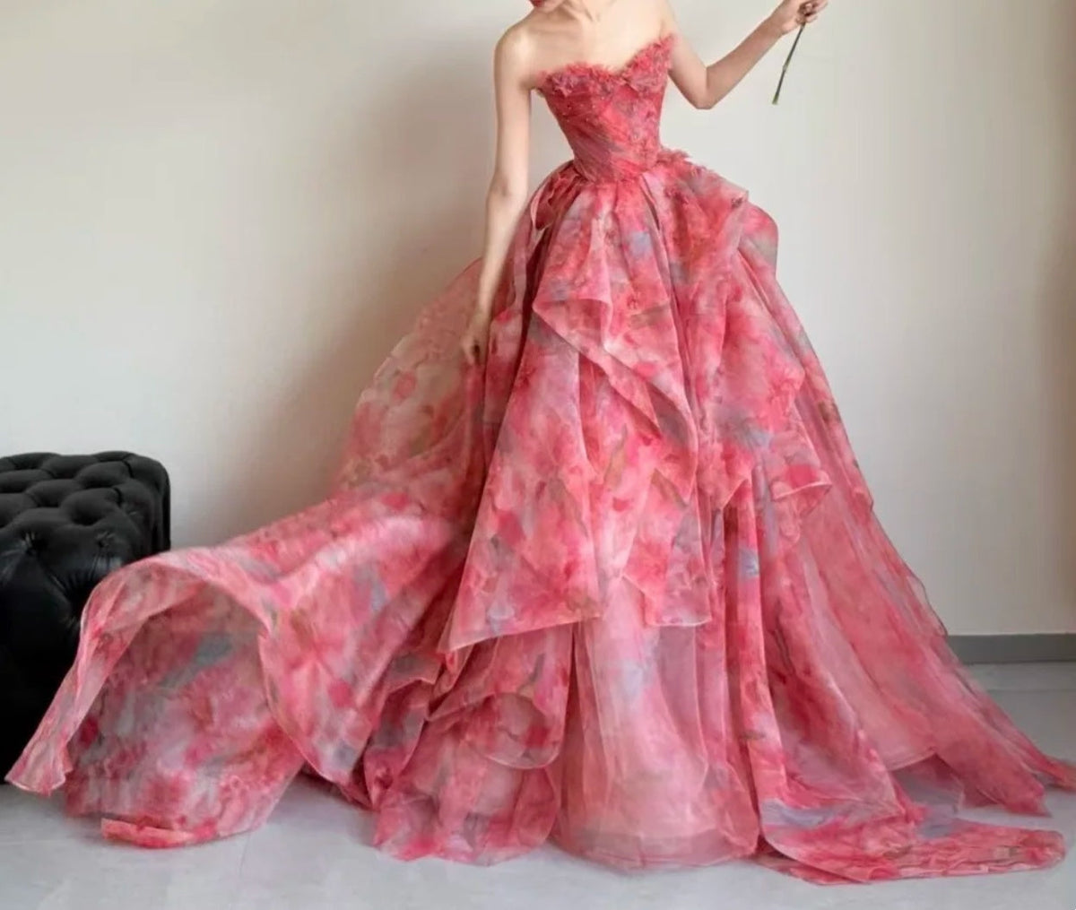 Unique Strapless Pink Prom Dress Floral Ruffles A-Line Evening Dress GG6424