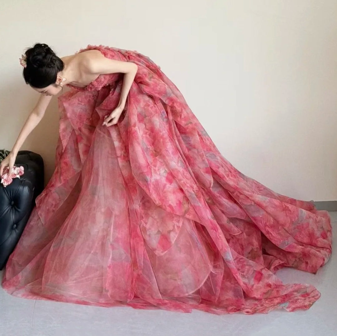Unique Strapless Pink Prom Dress Floral Ruffles A-Line Evening Dress GG6424