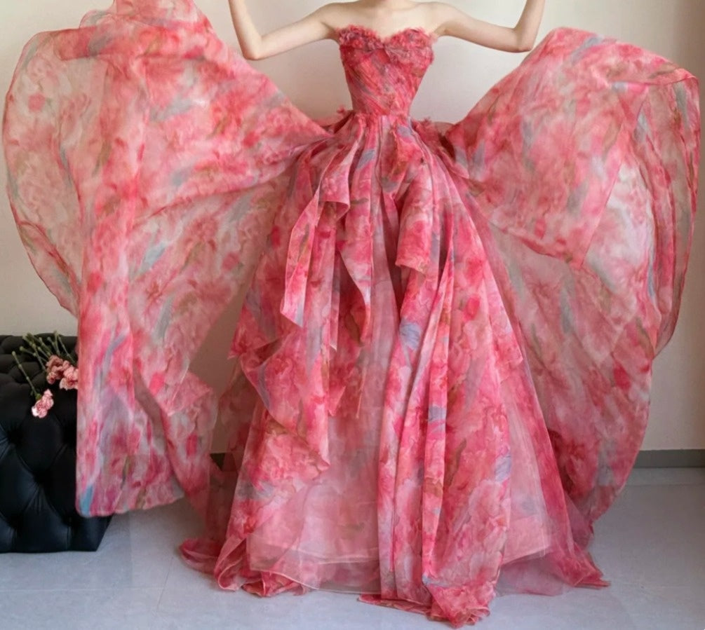 Unique Strapless Pink Prom Dress Floral Ruffles A-Line Evening Dress GG6424