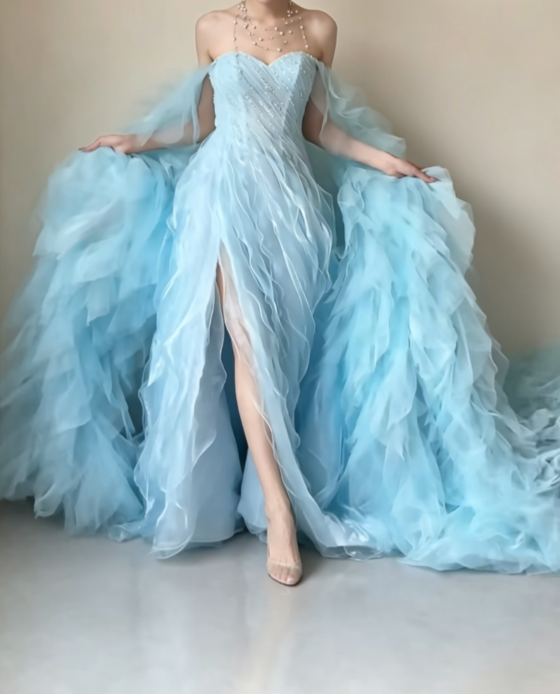 Romantic Off-Shoulder Slit Blue Prom Dress Sequins Ruffles A-Line Evening Dress GG6428