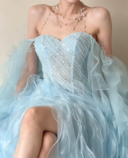 Romantic Off-Shoulder Slit Blue Prom Dress Sequins Ruffles A-Line Evening Dress GG6428