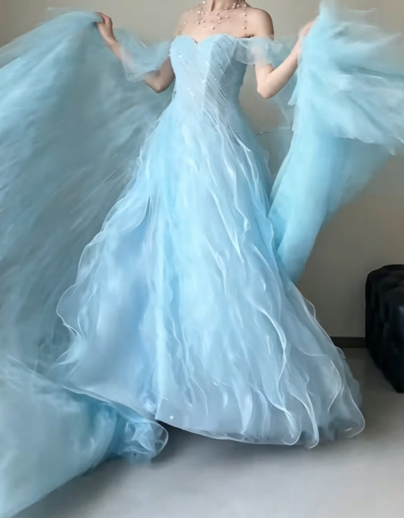 Romantic Off-Shoulder Slit Blue Prom Dress Sequins Ruffles A-Line Evening Dress GG6428