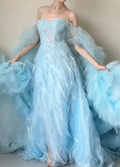Romantic Off-Shoulder Slit Blue Prom Dress Sequins Ruffles A-Line Evening Dress GG6428