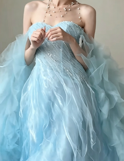 Romantic Off-Shoulder Slit Blue Prom Dress Sequins Ruffles A-Line Evening Dress GG6428