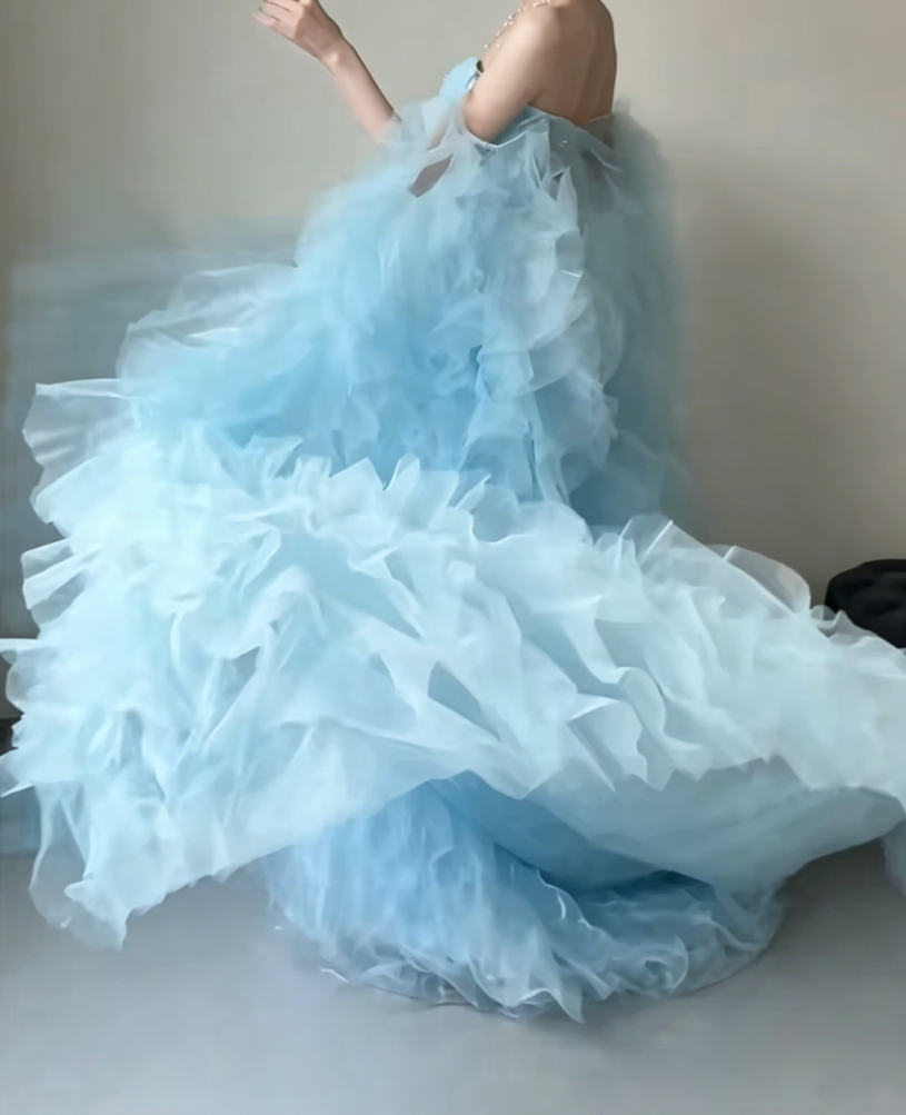 Romantic Off-Shoulder Slit Blue Prom Dress Sequins Ruffles A-Line Evening Dress GG6428