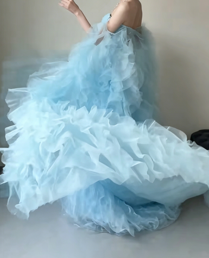 Romantic Off-Shoulder Slit Blue Prom Dress Sequins Ruffles A-Line Evening Dress GG6428