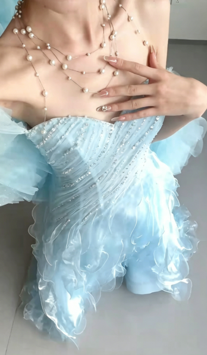 Romantic Off-Shoulder Slit Blue Prom Dress Sequins Ruffles A-Line Evening Dress GG6428