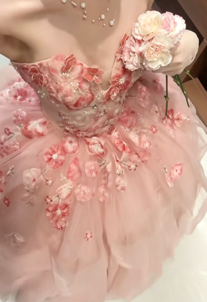 Ornate Strapless Pink Prom Dress Floral Beads Tulle A-Line Evening Dress GG6429