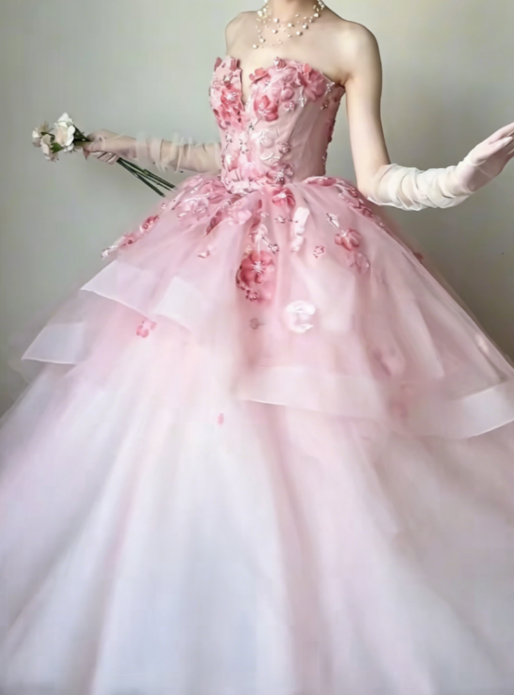 Ornate Strapless Pink Prom Dress Floral Beads Tulle A-Line Evening Dress GG6429