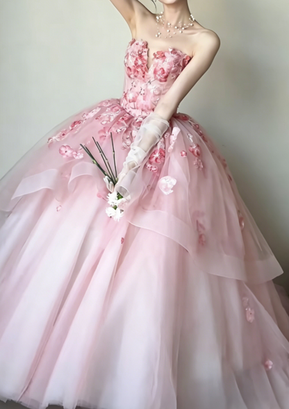 Ornate Strapless Pink Prom Dress Floral Beads Tulle A-Line Evening Dress GG6429
