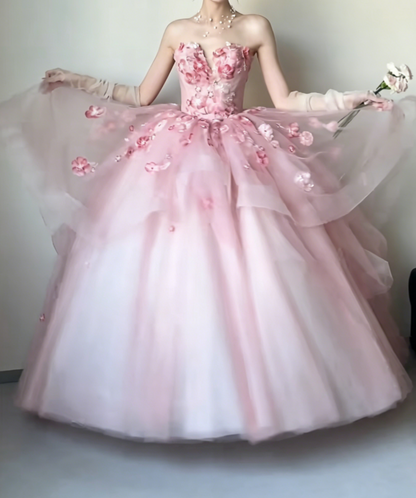Ornate Strapless Pink Prom Dress Floral Beads Tulle A-Line Evening Dress GG6429