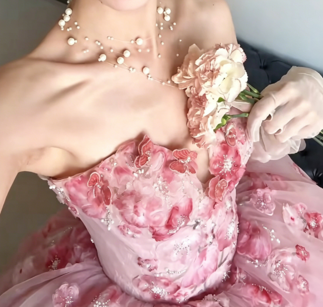 Ornate Strapless Pink Prom Dress Floral Beads Tulle A-Line Evening Dress GG6429