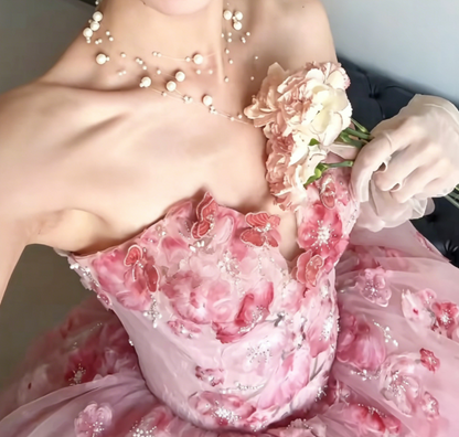 Ornate Strapless Pink Prom Dress Floral Beads Tulle A-Line Evening Dress GG6429