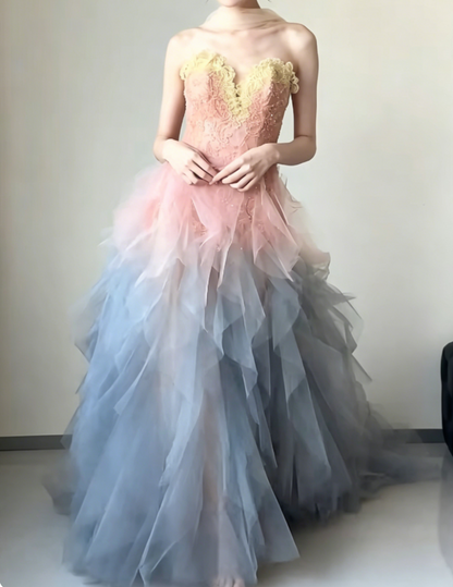 Charming Strapless Sequins Gradient Prom Dress With Scarf Ruffles Tulle A-Line Evening Dress GG6431