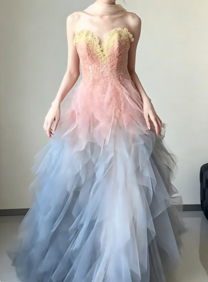 Charming Strapless Sequins Gradient Prom Dress With Scarf Ruffles Tulle A-Line Evening Dress GG6431